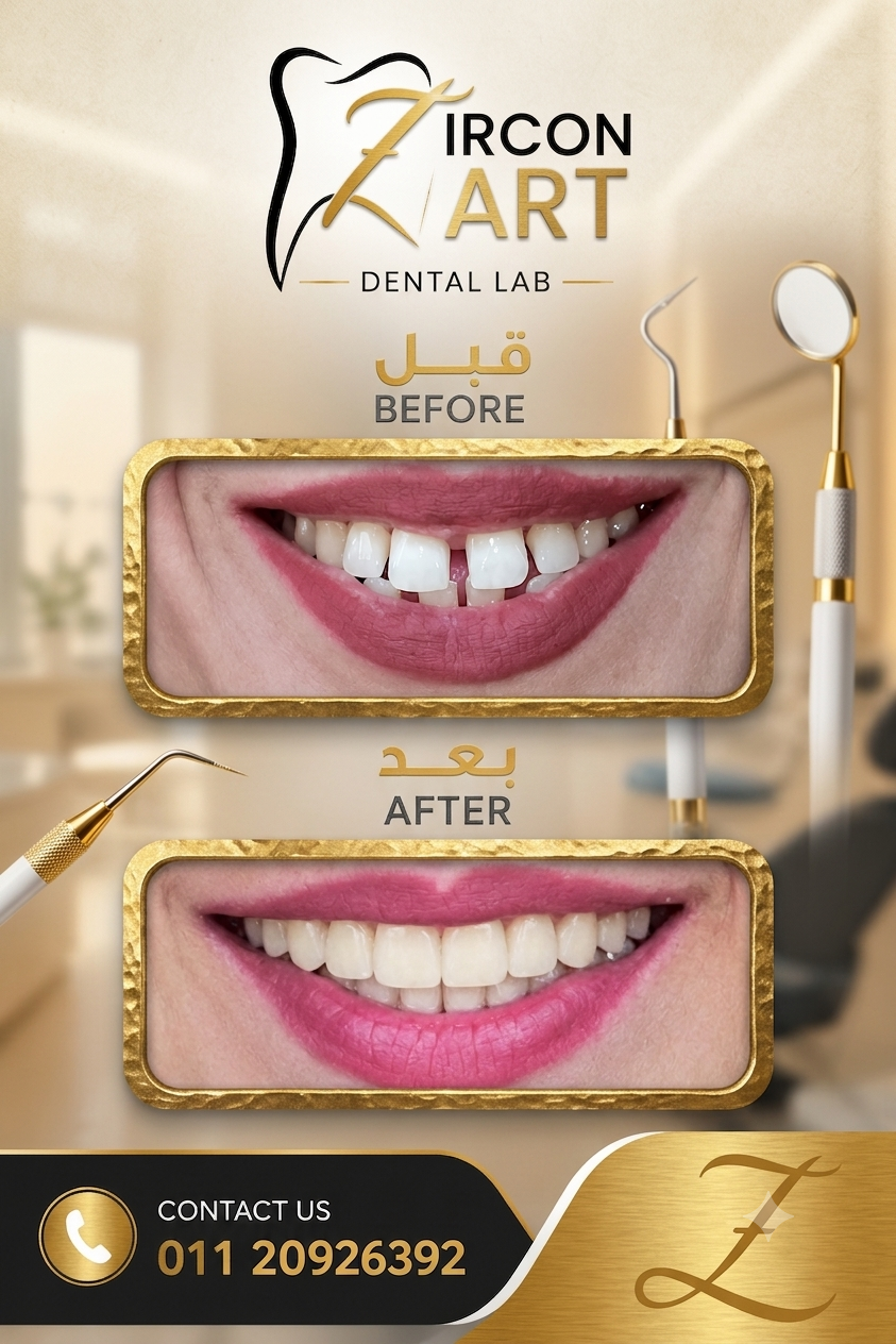 Before and after photo of an anterior aesthetic dental restoration with diastema closure using veneers crafted by Zircon Art Dental Laboratory in Cairo, Egypt